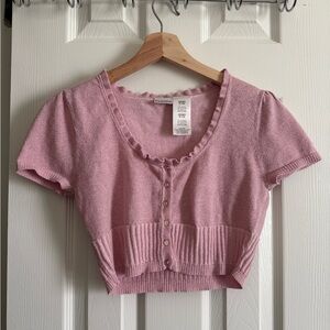 Sparkly Pink Knit Short Sleeve Cropped Cardigan Top